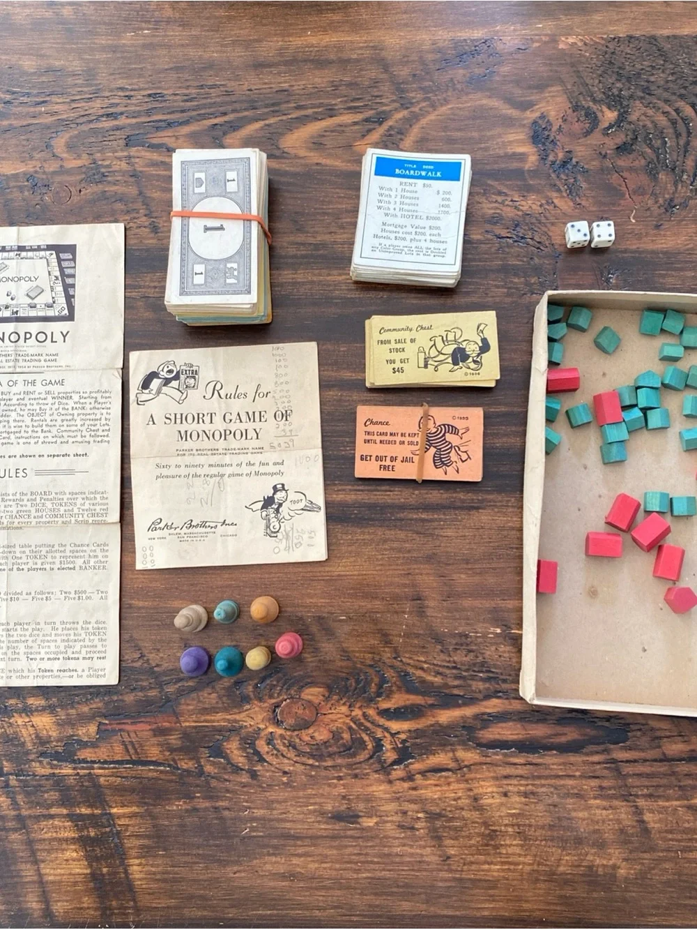 Vintage Monopoly Wooden Hotels, Houses & Game Pieces & Cards - Multicolor